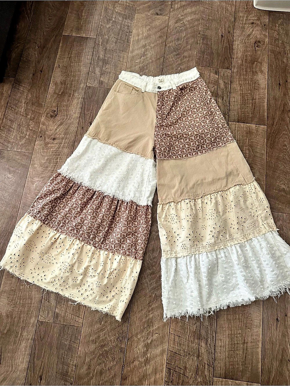 POL Patched Wide Leg Jeans Maxi Skirt Brown & Cream